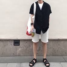 1CHEN /夏装男士纯色亚麻宽松休闲防晒薄外套半袖上衣衬衫衬衣男~