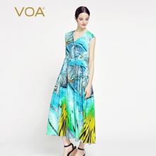 VOA 孔雀开屏提花单边翻领无袖中腰单排扣清新真丝连衣裙图片