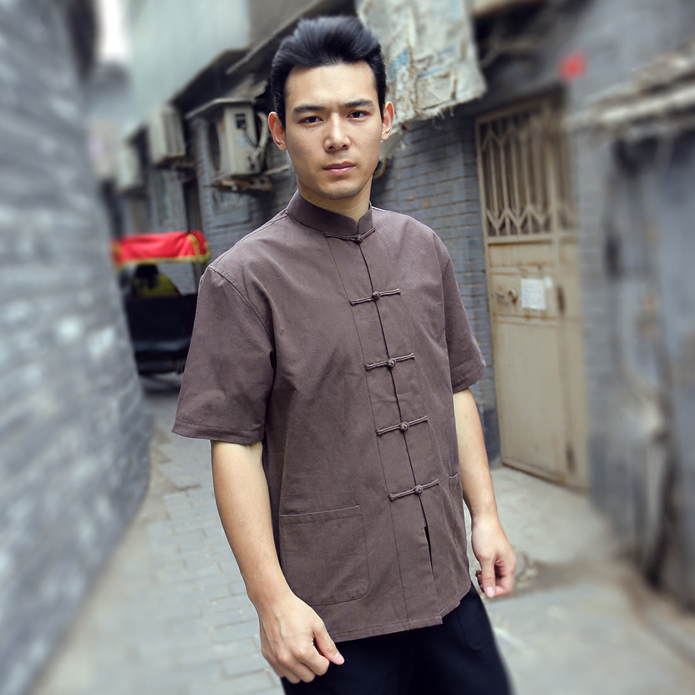 唐装男青年短袖夏季长衫中式中国风汉服居士服麦唐粗布复古民族风