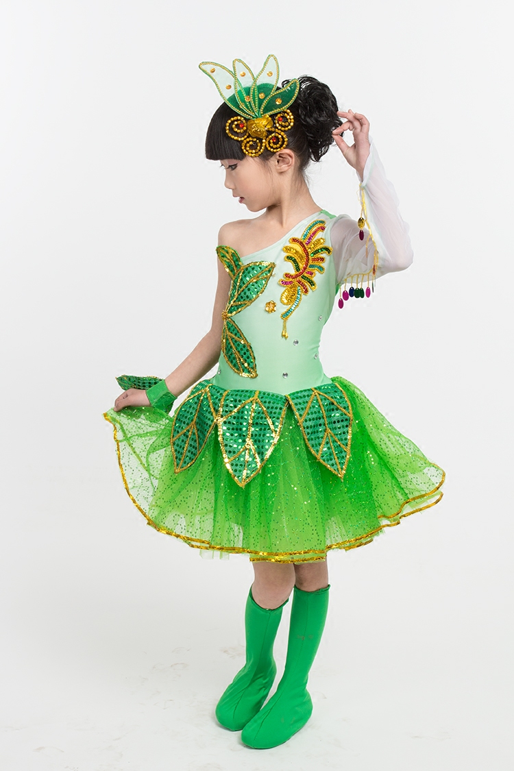 六一儿童茉莉花幼儿园小草演出服装女孩亮片绿树叶舞台舞蹈表演服