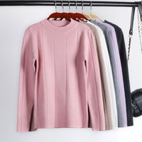 韩版秋冬季加厚宽松v领修身短款毛衣女套头长