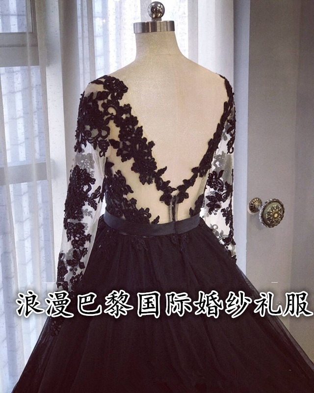 2017冬新款婚纱礼服高贵黑色新娘结婚长袖宴会拖尾女旅拍轻婚纱