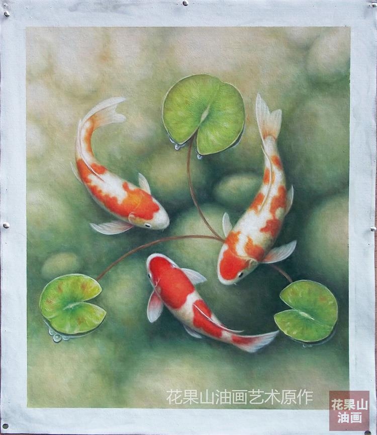 定制纯手工油画简约现代画装饰客厅餐厅沙发玄关酒店九鱼锦鲤荷花