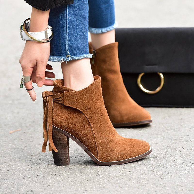 流苏短靴女鞋磨砂皮粗跟及踝靴 高跟鞋秋2017新款 棕色复古裸靴子