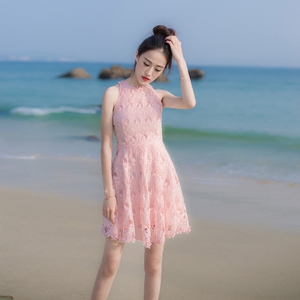 韩版甜美小清新露肩无袖连衣裙