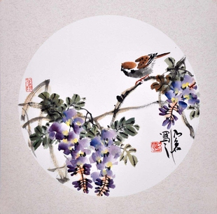 国画水晶葡萄明珠图客厅餐厅扇面花鸟卧室挂画实木框壁画装饰画