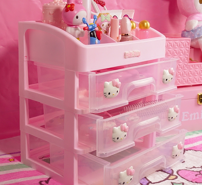 超大粉色少女收纳盒hellokitty桌面抽屉式化妆品收纳盒杂物整理箱