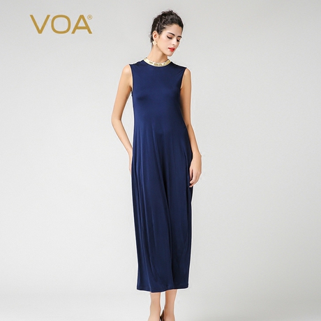 VOA 水手蓝重磅真丝针织金色织带立领无袖S型包身打底连衣裙A7351商品大图