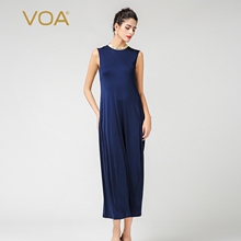 VOA 水手蓝重磅真丝针织金色织带立领无袖S型包身打底连衣裙A7351图片