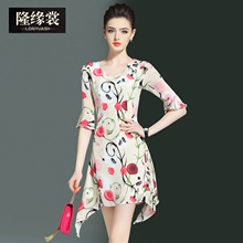 隆缘裳2017夏季新品名媛时尚女装荷叶袖修身印花真丝连衣裙子3695图片