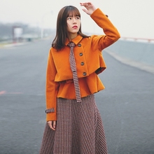 连衣裙女 裙显瘦背心裙子中长款 春秋毛呢格子三件套装 阿卡复古女装