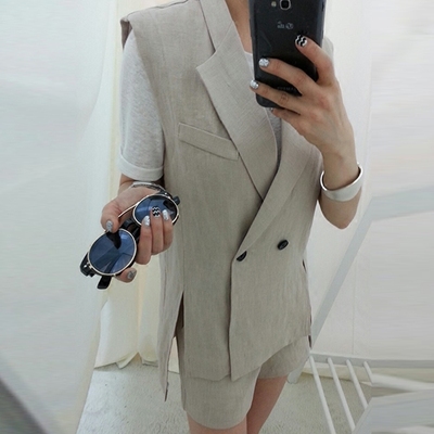 韩版夏季棉麻西装马夹女短裤套装女士亚麻休闲