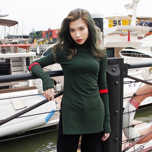 拼接撞色长袖高领纯棉弹力紧身T恤