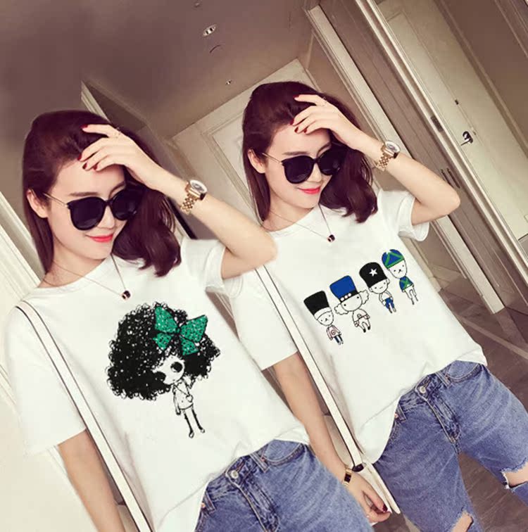 2016夏季大码女装韩范白色女士半袖上衣卡通少女学生短袖T恤女 潮