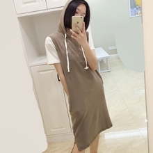宽松显瘦休闲春款 学生 背心连衣裙卫衣中长款 连帽套头无袖