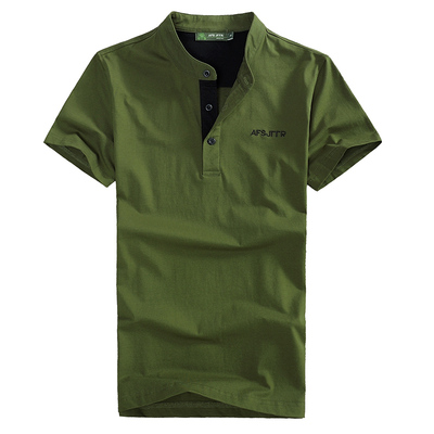 亨利领男短袖polo衫 立领t恤潮流简单百搭 军绿色冰丝 户外男装