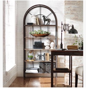 新款欧式铁艺实木置物架复古圆拱形铁木书架书柜储物架落地陈列架