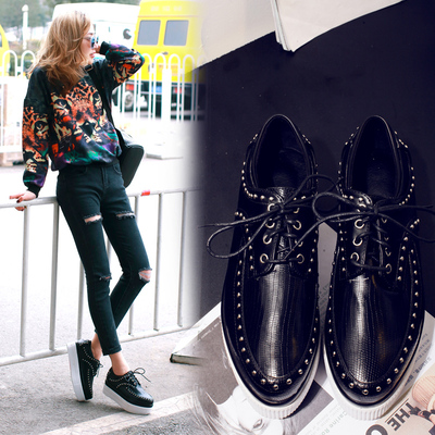欧美2016春秋新款 铆钉蛇纹系带松糕厚底鞋 深口中跟平底单鞋女