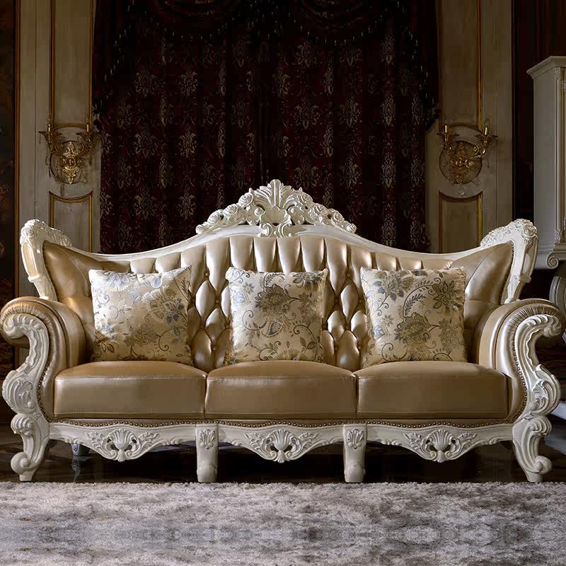 赫莎宫廷法式家具 欧式真皮沙发tj 美式全实木小户型客厅组合m2