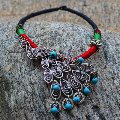 云南手工蜡绳孔雀项链 女式短款首饰 旅游纪念 民族风服饰配饰