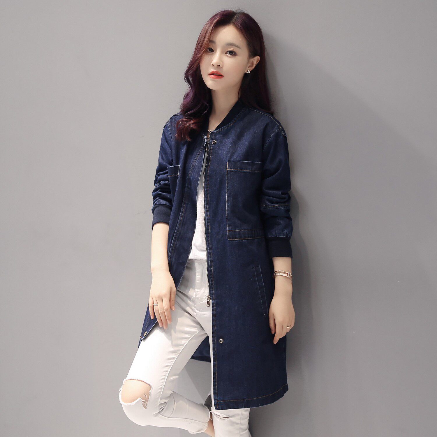 2016春秋季中长款女装韩版bf大码胖mm宽松长袖牛仔风衣外套薄款潮