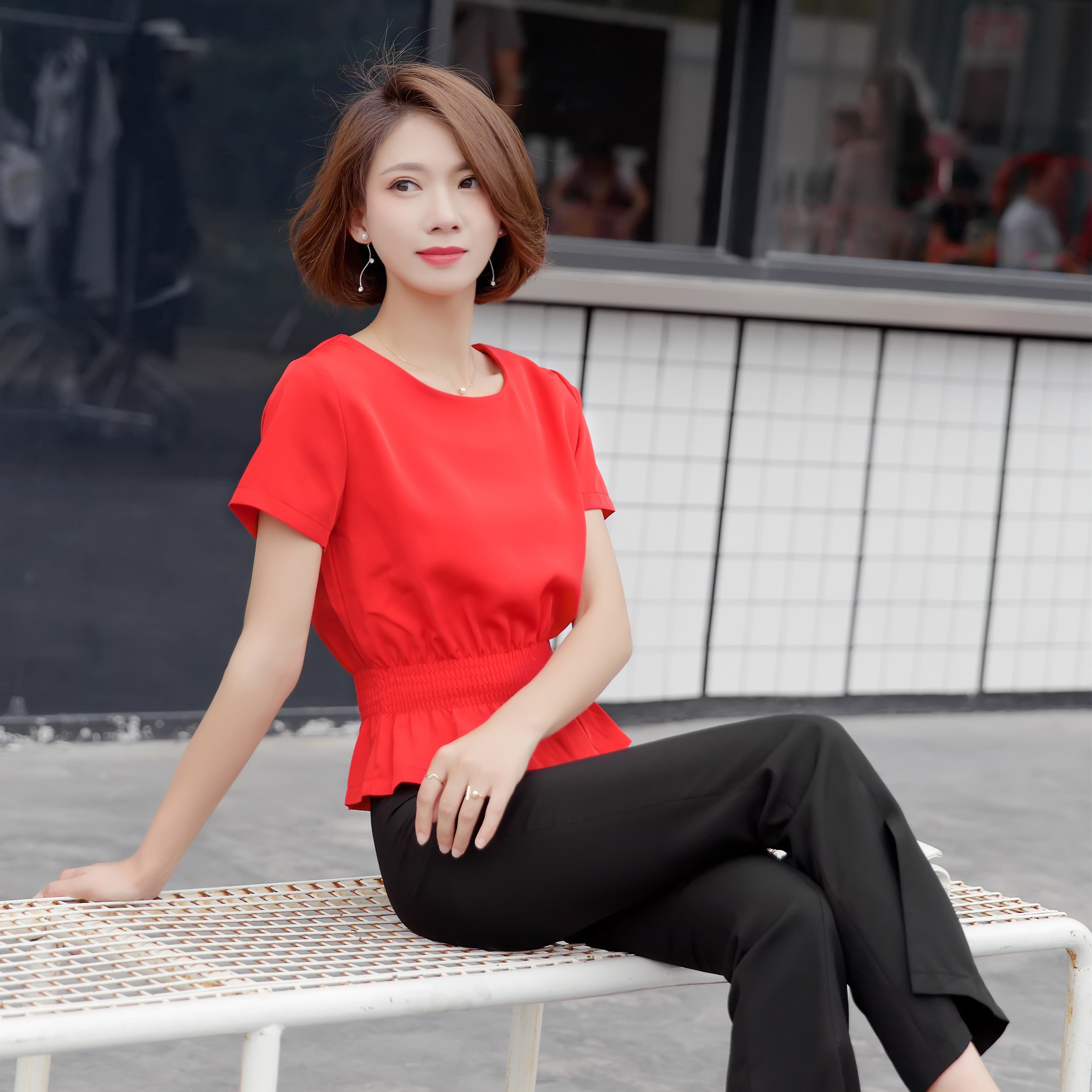 雪纺衫女短袖 收腰上衣女夏新款短款t恤小衫束腰蝙蝠衫松紧腰高腰