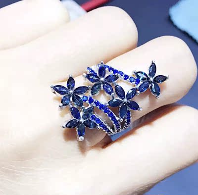 豪华款 护指戒 浓情蓝 颗颗闪耀 925银镀白金天然蓝宝石戒指活口