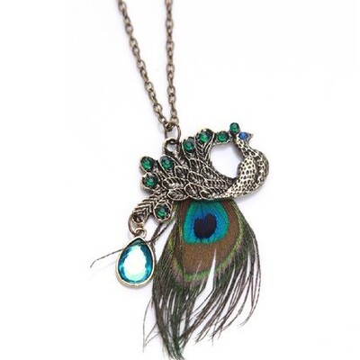 韩版新款 2013女饰品 孔雀羽毛镶钻长款项链 欧美潮毛衣链