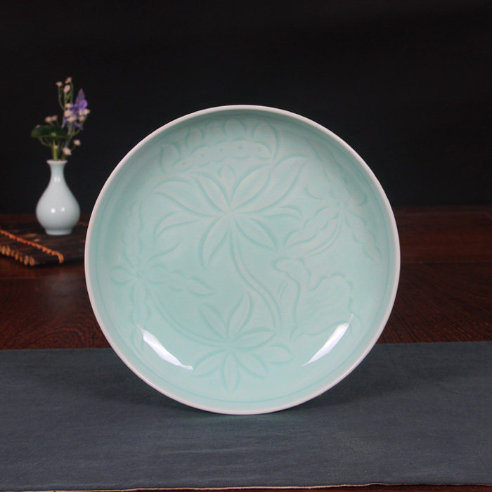 包邮龙泉青瓷餐具盘子菜盘深盘汤盘手工刻花陶瓷碟子创意瓷器餐具