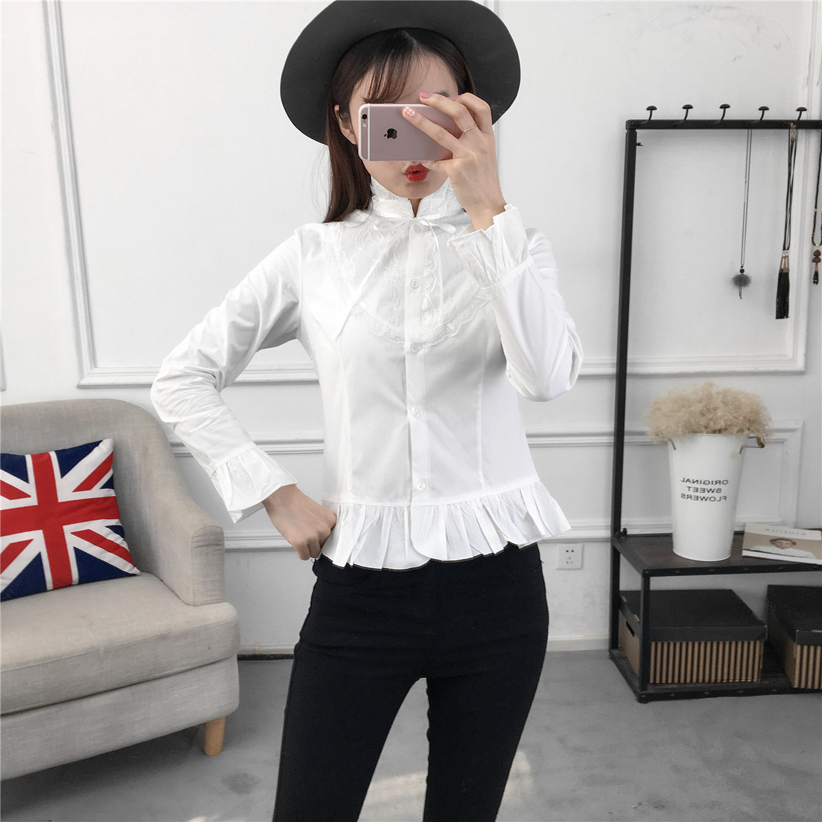 白衬衫女长袖秋公主领荷叶边雪纺上衣加绒打底衫韩范职业立领衬衣