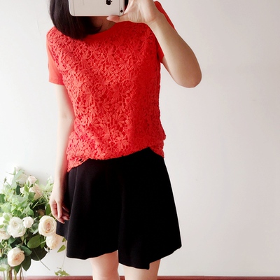 【荣美阁】自穿免代 全棉质双层质感水溶花圆领短袖女t恤衫 3色