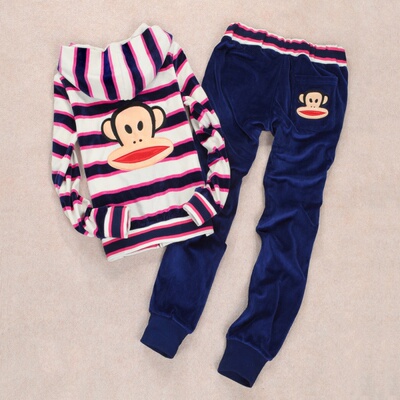 新款春装大嘴猴韩国139458条纹经典猴刺绣女款天鹅绒运动休闲套装