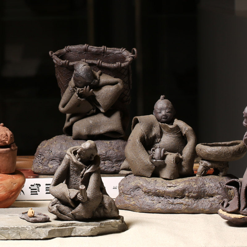 明理茶艺 宜兴紫砂 陈建平全手工雕塑(茶事十尊捏塑)摆件