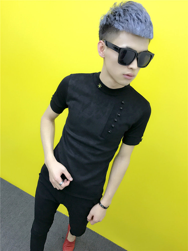 快手红人李耀阳同款短袖社会精神小伙刺字鹿皮绒短袖鹿皮绒t恤男