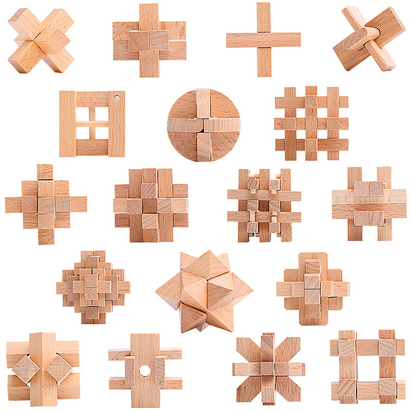 孔明锁鲁班锁解锁儿童益智玩具18件套装榉木迷你儿童益智玩具