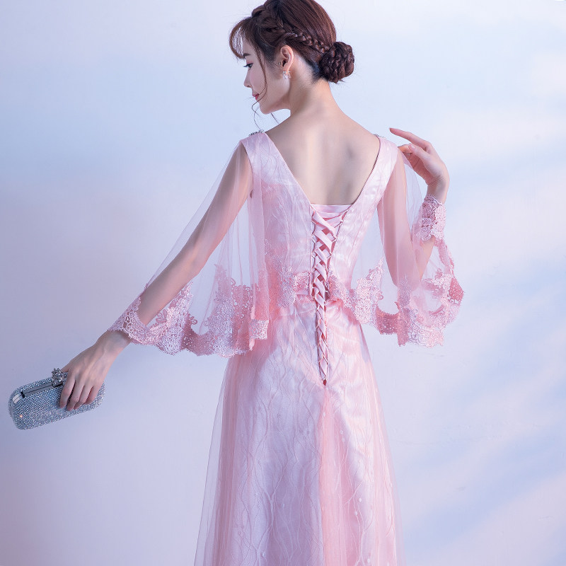 粉色晚礼服女2017新款时尚订婚宴会优雅伴娘服长款秋冬季长袖公主