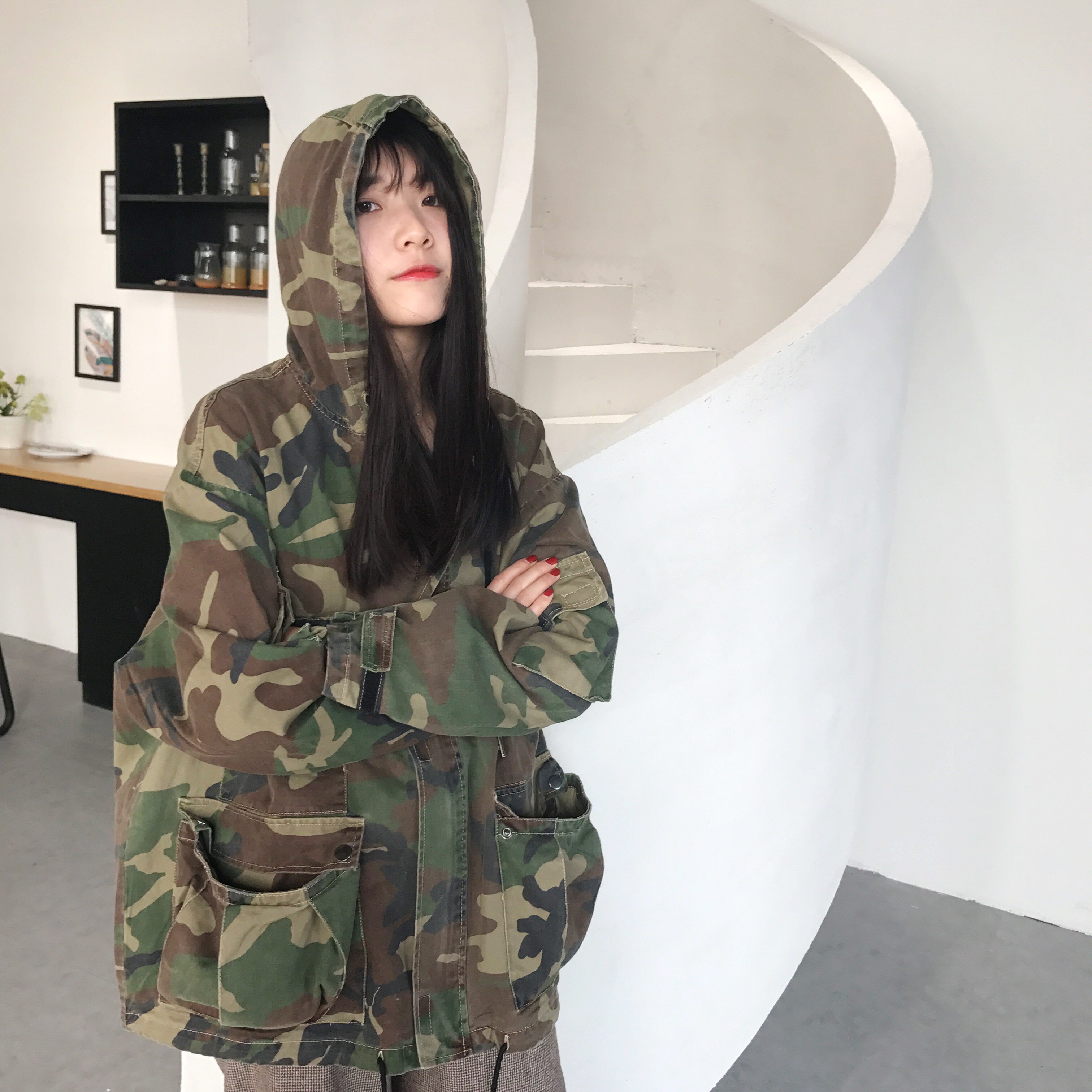 北原山猫 欧美bf风宽松百搭连帽夹克oversize休闲复古迷彩外套女