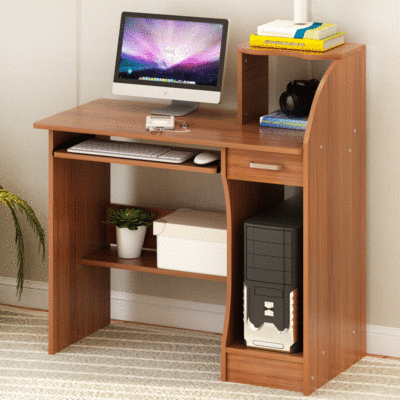 小型电脑桌带书架抽屉胡桃色台式办公台家用学习书桌长70/80/90cm