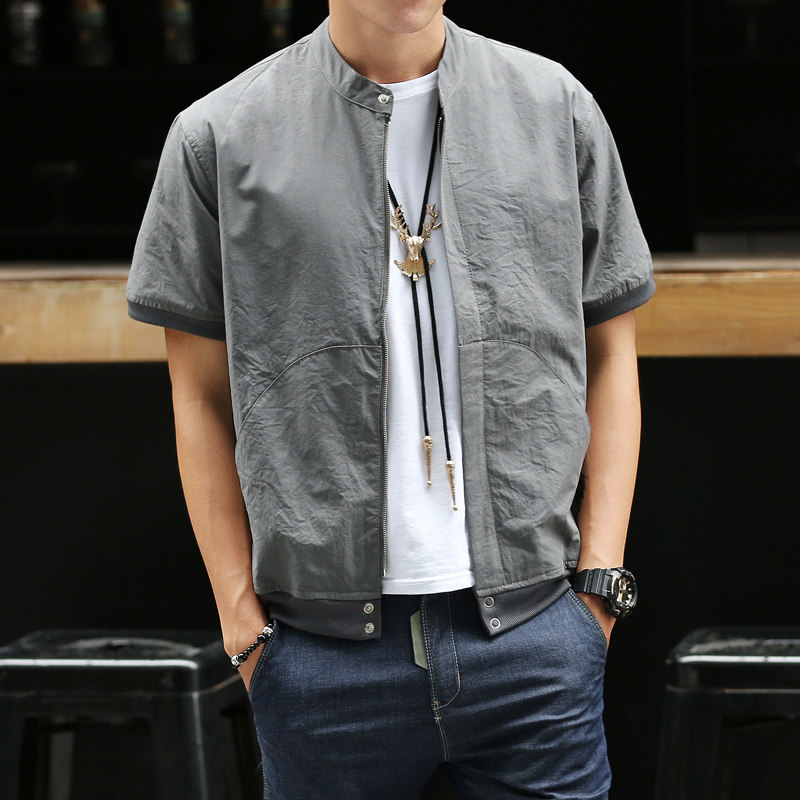 夏季外搭防晒衣立领拉链短袖夹克男宽松英伦风纯色百搭外套短款潮