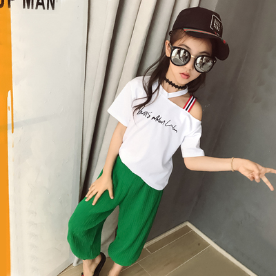 米米果家女童短袖t恤夏季儿童斜肩上衣中大童夏装新款半袖潮体恤