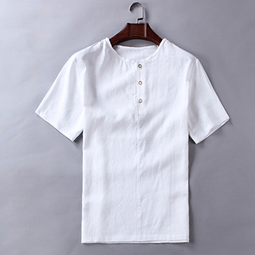 夏款男士亚麻t恤圆领短袖加肥加大码男款半袖体恤棉麻纯色名族风
