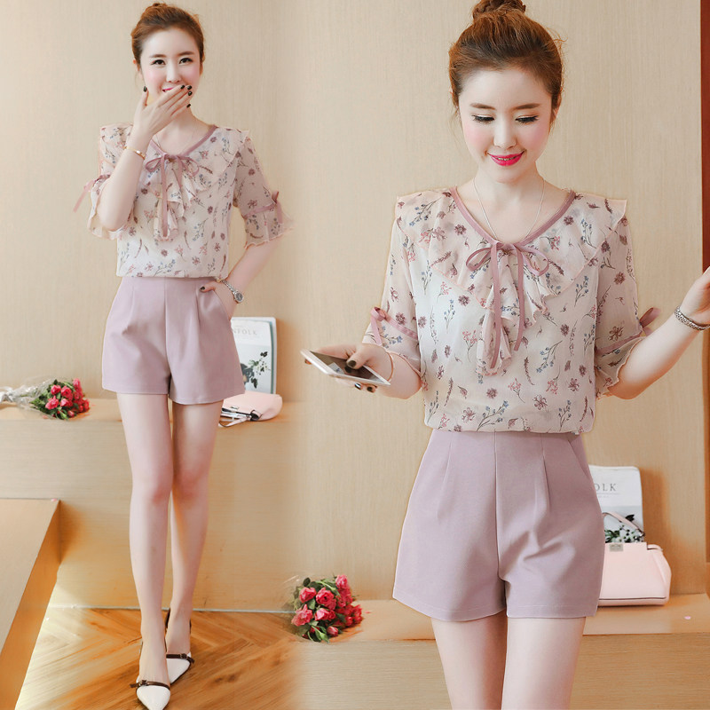 夏季时尚两件套2017新款潮韩版女装气质名媛夏装雪纺上衣短裤套装