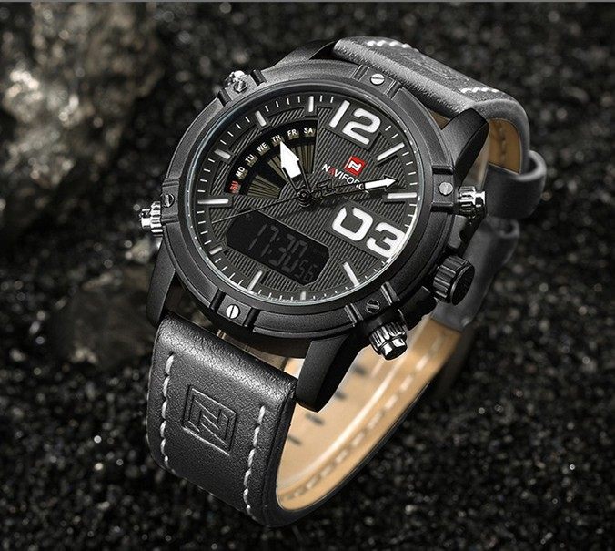 naviforce领翔手表品牌时装男表全功能双显石英军表真皮潮表9094