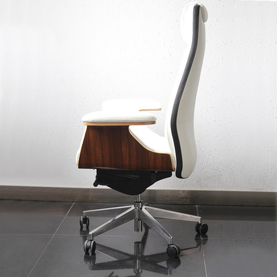 欧式白色老板椅时尚创意办公椅家用休闲椅子木纹底座真皮大班椅