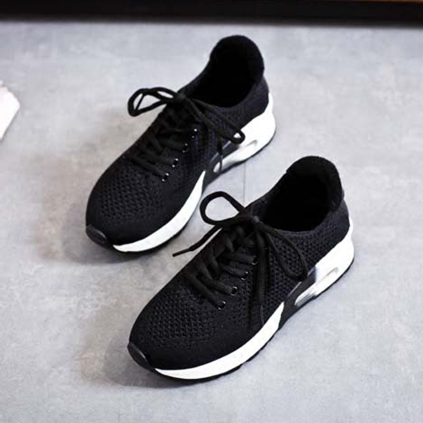 黑色白底运动鞋跑步鞋浅口平跟圆头软底经典黑网面系带跑鞋女