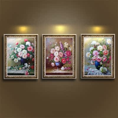 欧式纯手绘油画花卉玫瑰有框油画客厅餐厅三联组合挂画装饰画