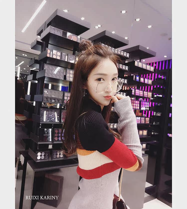 正品打折ruixi2016女装新品秋冬毛衣女套头中长款拼接显瘦包臀百搭