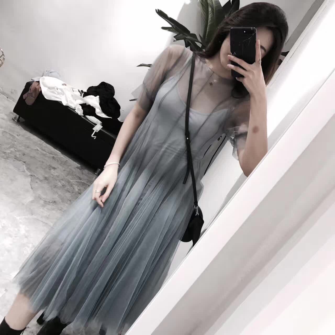 2017款雾霾蓝两件套网纱连衣裙长裙女夏套装裙侧边开衩裙子