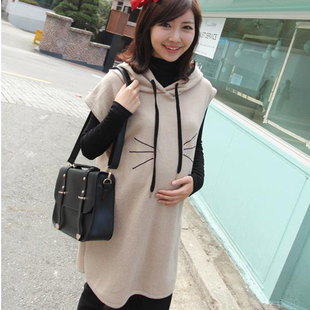 时尚潮妈孕妇装韩版连帽猫须背心裙无袖春秋季纯棉卡通图案修身型