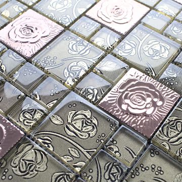 简欧玻璃马赛克夹胶玫瑰花金属电视背景墙贴瓷砖浴室建材大小规格
